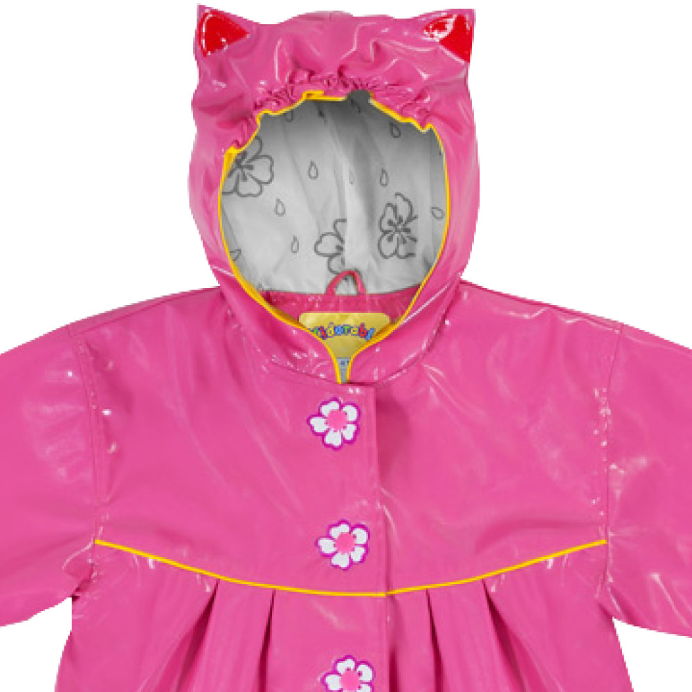 A colorful Lucky Cat Raincoat featuring playful kitty ears, flower buttons, and fun pockets, perfect for kids.