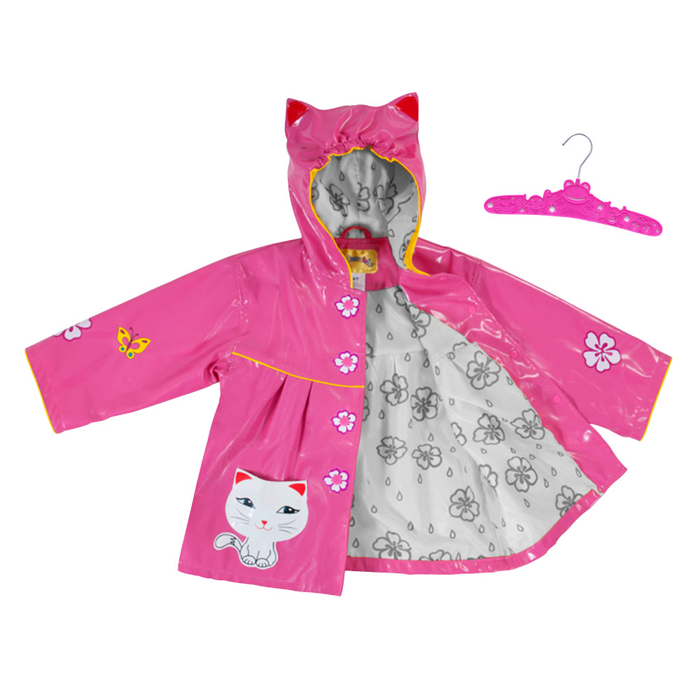 A colorful Lucky Cat Raincoat featuring playful kitty ears, flower buttons, and fun pockets, perfect for kids.