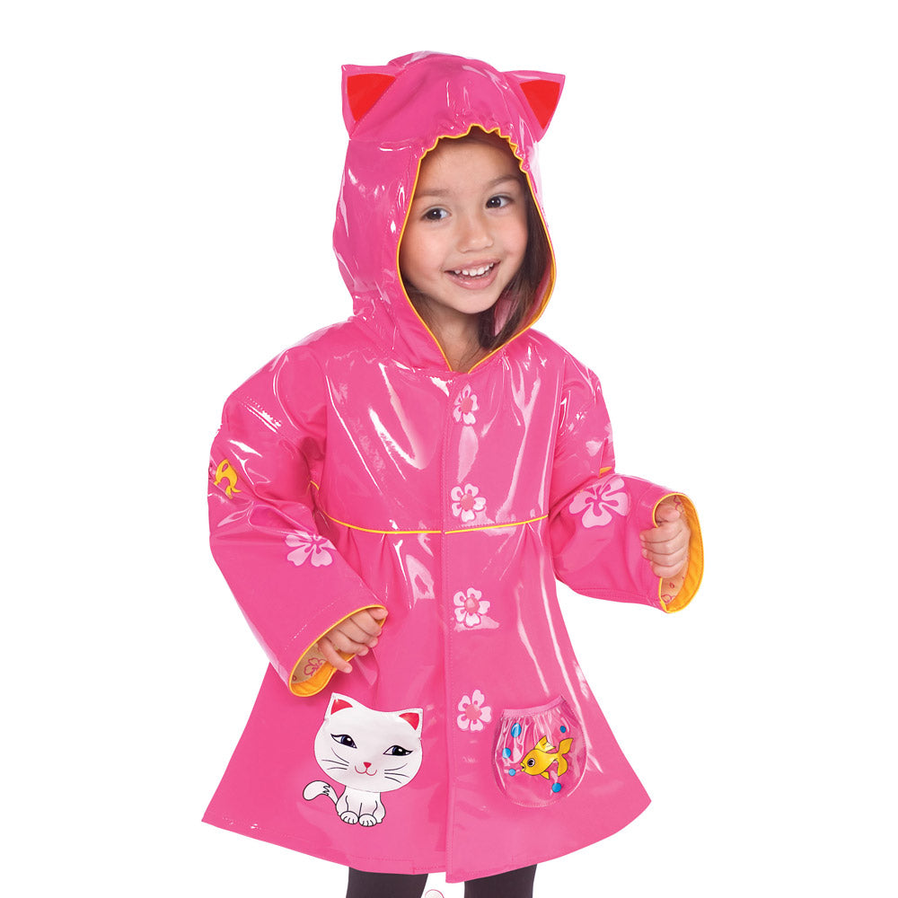 A colorful Lucky Cat Raincoat featuring playful kitty ears, flower buttons, and fun pockets, perfect for kids.