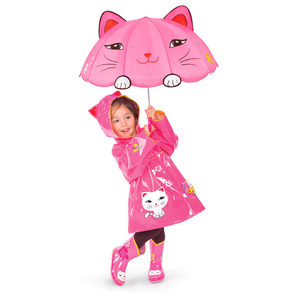 A colorful Lucky Cat Raincoat featuring playful kitty ears, flower buttons, and fun pockets, perfect for kids.