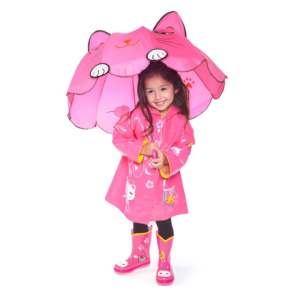 A colorful Lucky Cat Umbrella featuring a playful tail handle, designed for children, showcasing its lightweight and child-safe nylon material.