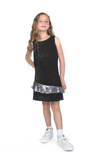 Luna glitter velvet Dress featuring multi-color glitter and asymmetric ruffle design, perfect for tween fashion.