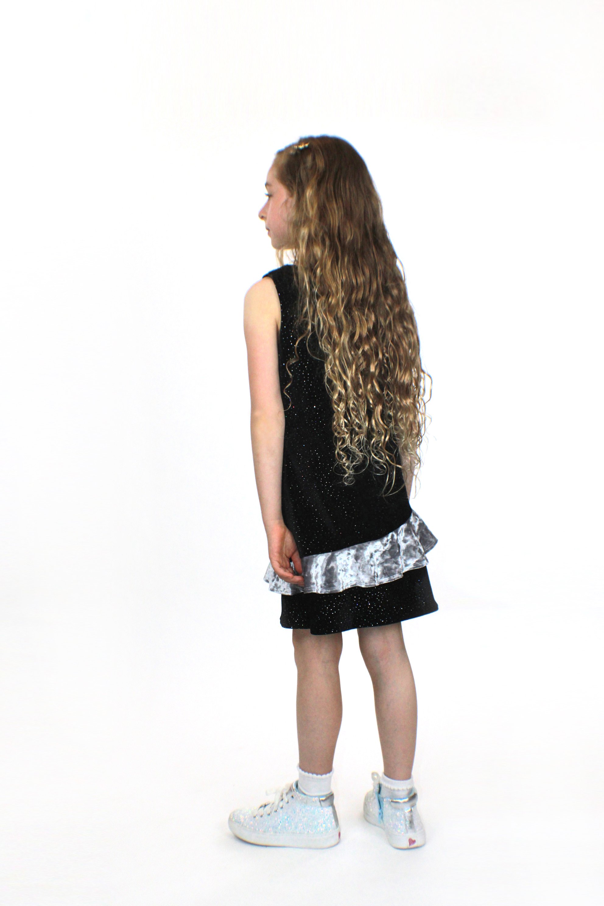 Luna glitter velvet Dress featuring multi-color glitter and asymmetric ruffle design, perfect for tween fashion.