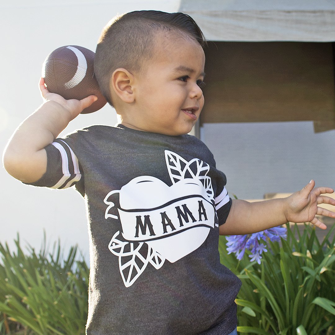 Mama Tattoo Heart Toddler Shirt and Baby Jumpsuit in Heather Gray and Black, showcasing a cute tattoo heart design.