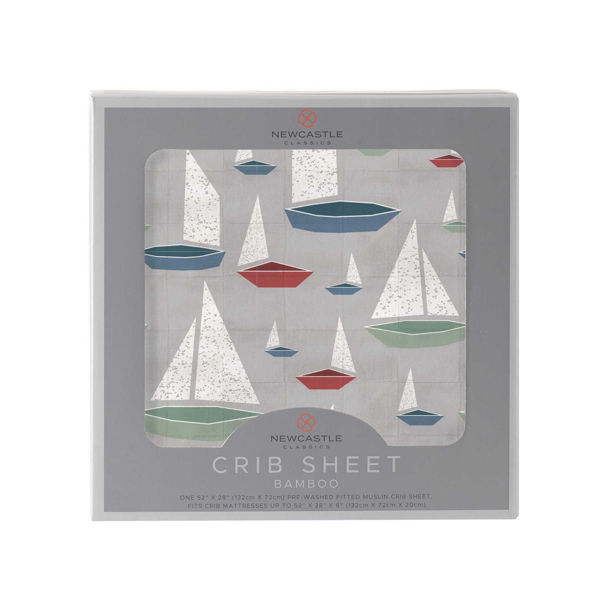 Marina Sailboats Bamboo Muslin Crib Sheet featuring a playful sailboat design, soft texture, and breathable fabric, perfect for baby cribs.