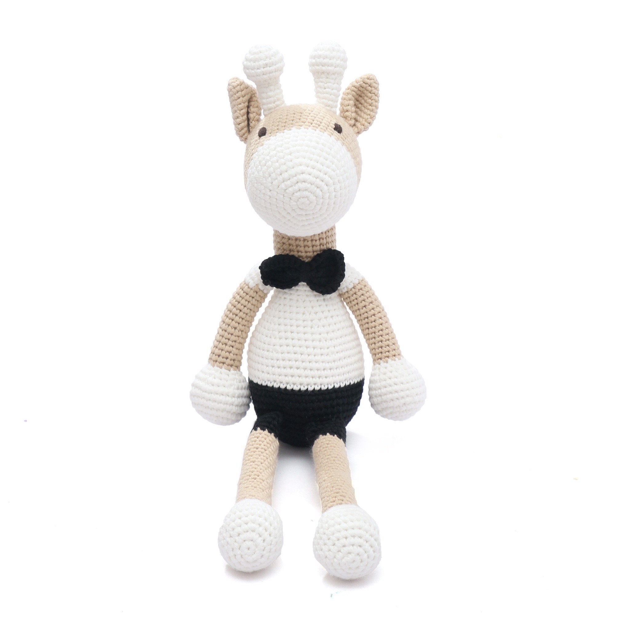 Handmade crochet toy of a deer boy, crafted from 100% cotton yarn, featuring a soft texture and unique design.