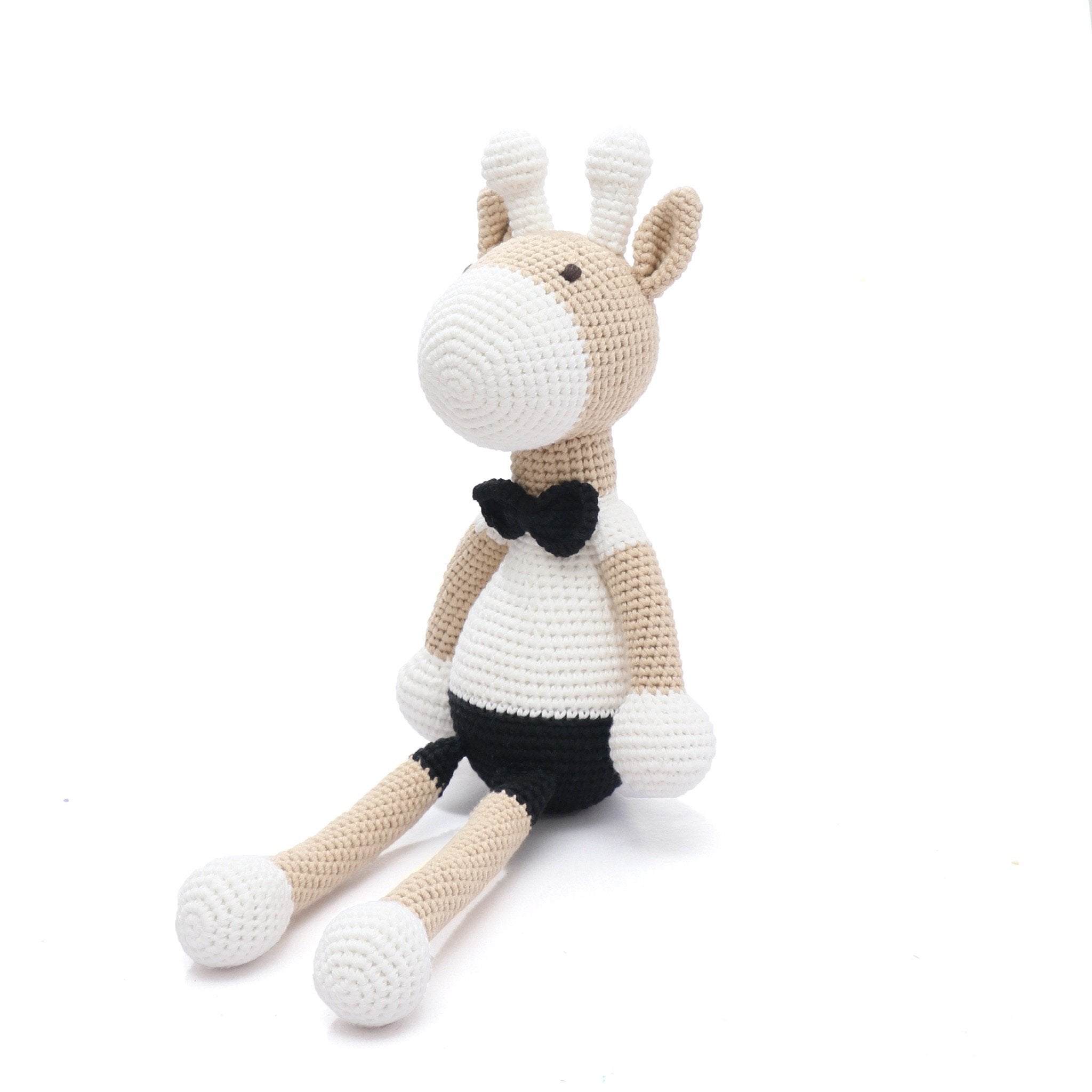 Handmade crochet toy of a deer boy, crafted from 100% cotton yarn, featuring a soft texture and unique design.