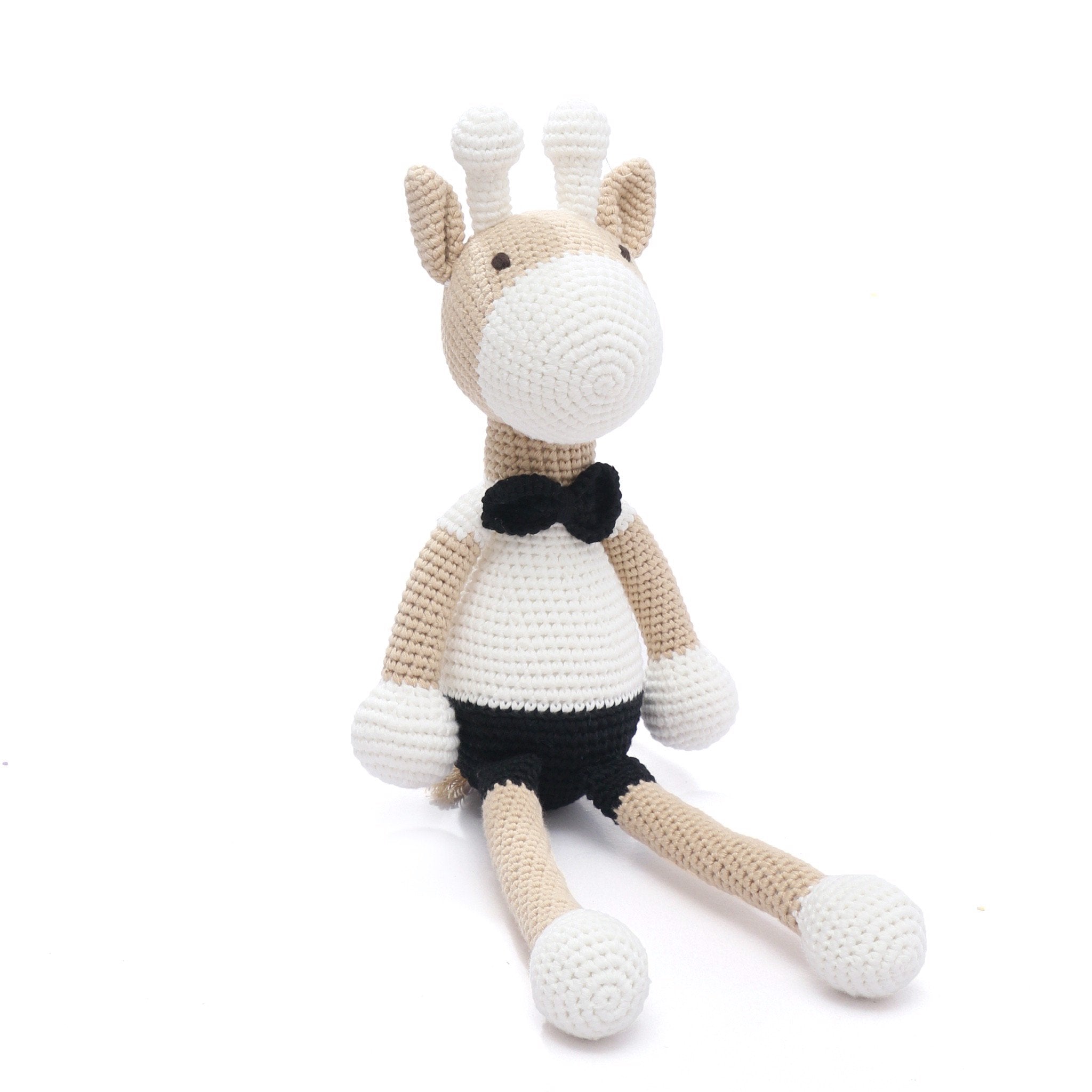 Handmade crochet toy of a deer boy, crafted from 100% cotton yarn, featuring a soft texture and unique design.