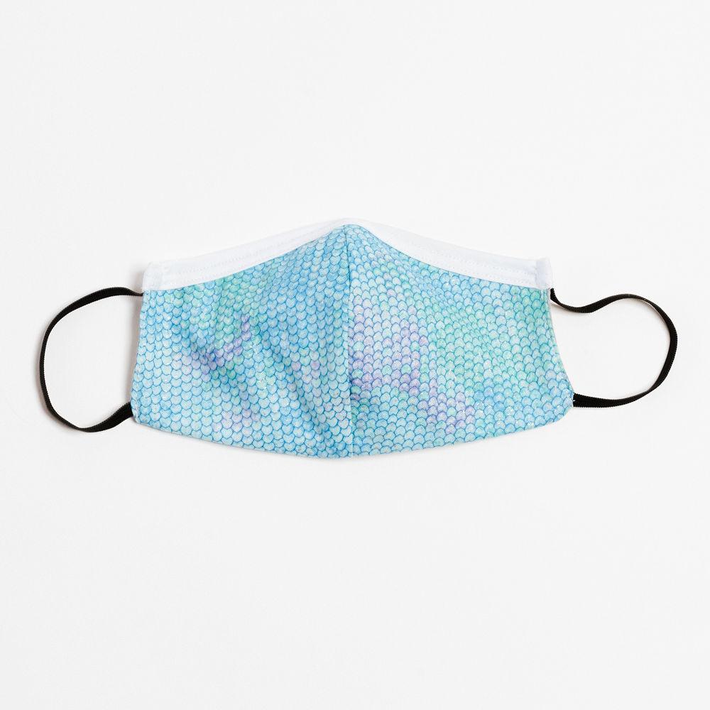 A colorful mermaid-themed children's face mask made of 100% cotton, featuring elastic ear straps for a secure fit.