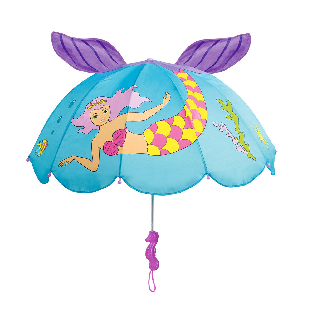 A colorful Kidorable Mermaid Umbrella featuring a seahorse handle, designed for children with a vibrant mermaid theme.