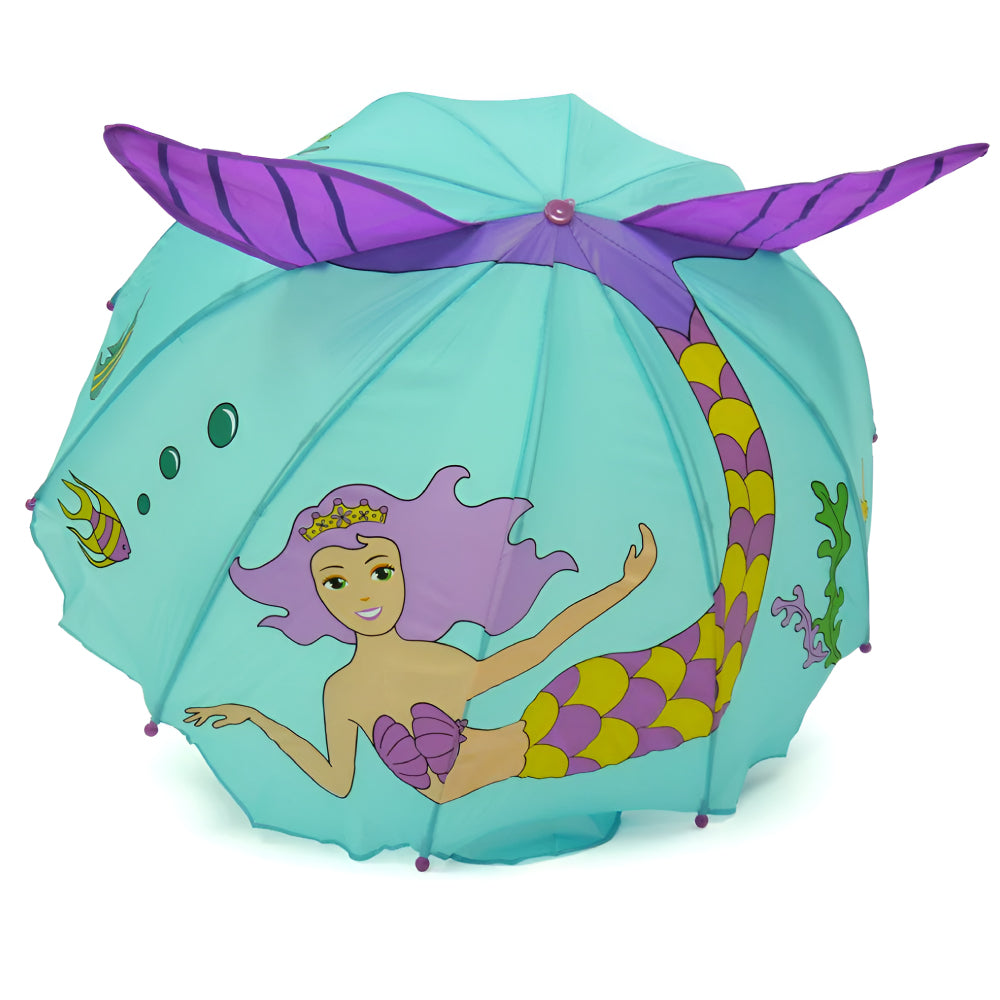 A colorful Kidorable Mermaid Umbrella featuring a seahorse handle, designed for children with a vibrant mermaid theme.