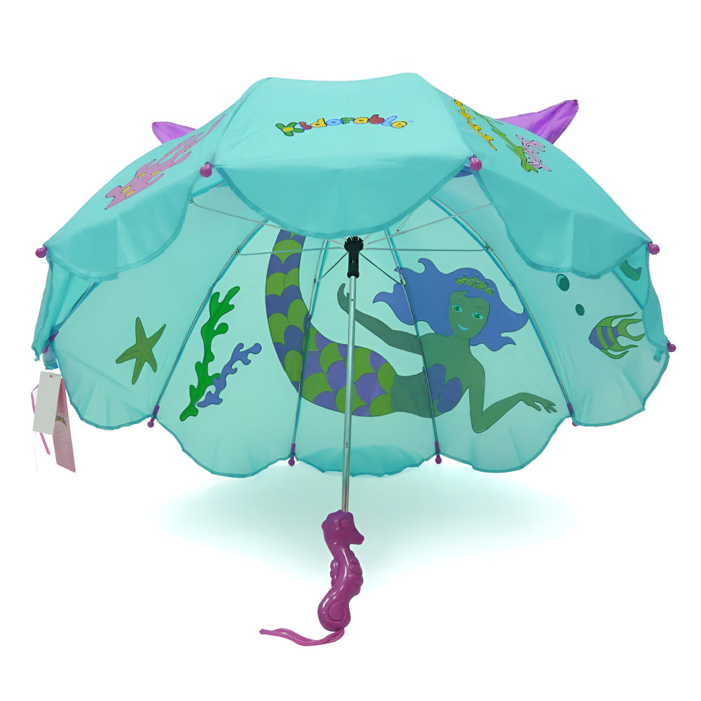 A colorful Kidorable Mermaid Umbrella featuring a seahorse handle, designed for children with a vibrant mermaid theme.