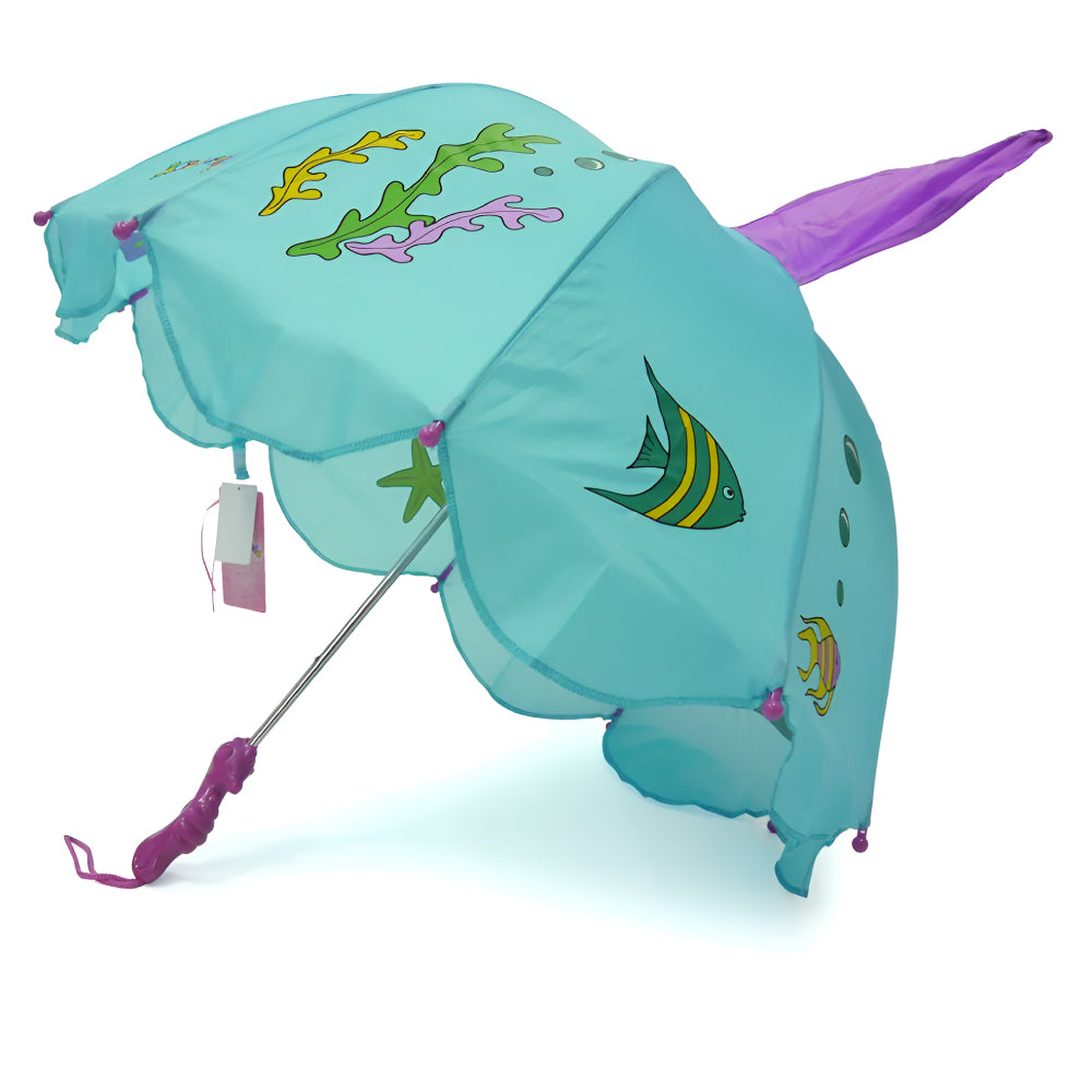 A colorful Kidorable Mermaid Umbrella featuring a seahorse handle, designed for children with a vibrant mermaid theme.