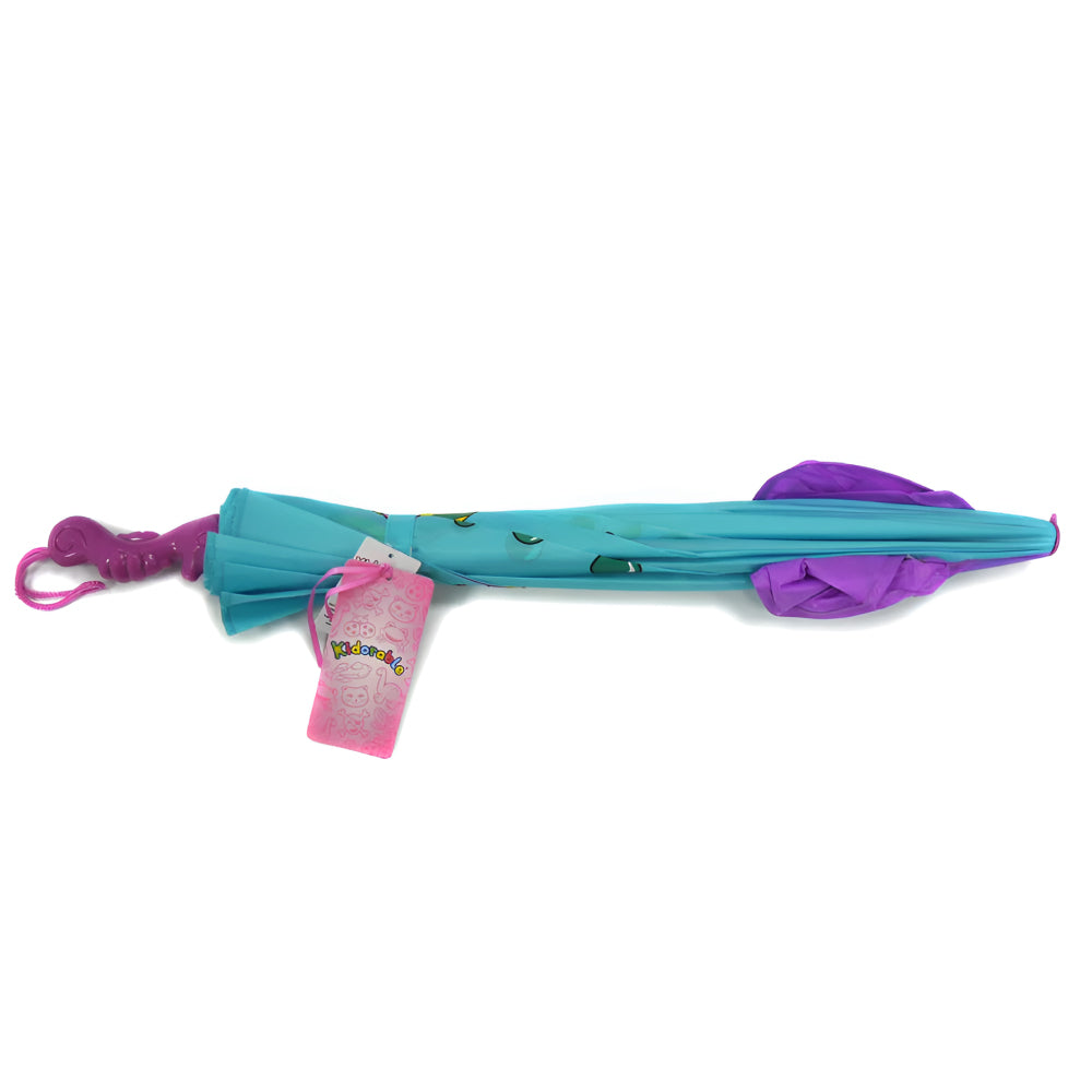 A colorful Kidorable Mermaid Umbrella featuring a seahorse handle, designed for children with a vibrant mermaid theme.