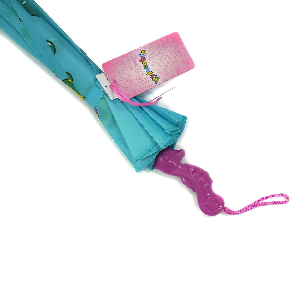 A colorful Kidorable Mermaid Umbrella featuring a seahorse handle, designed for children with a vibrant mermaid theme.