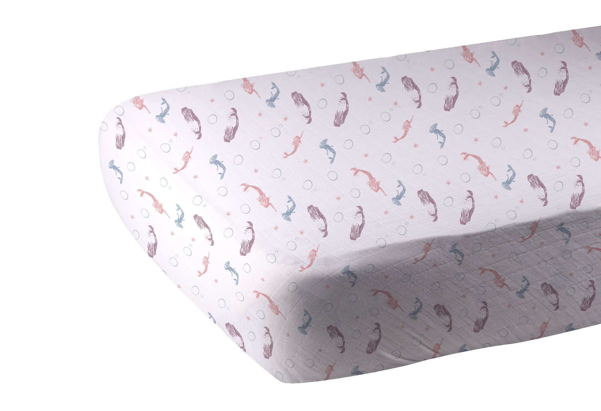 A soft and breathable Mermaids Crib Sheet made from 100% natural bamboo muslin, featuring a whimsical mermaid design.