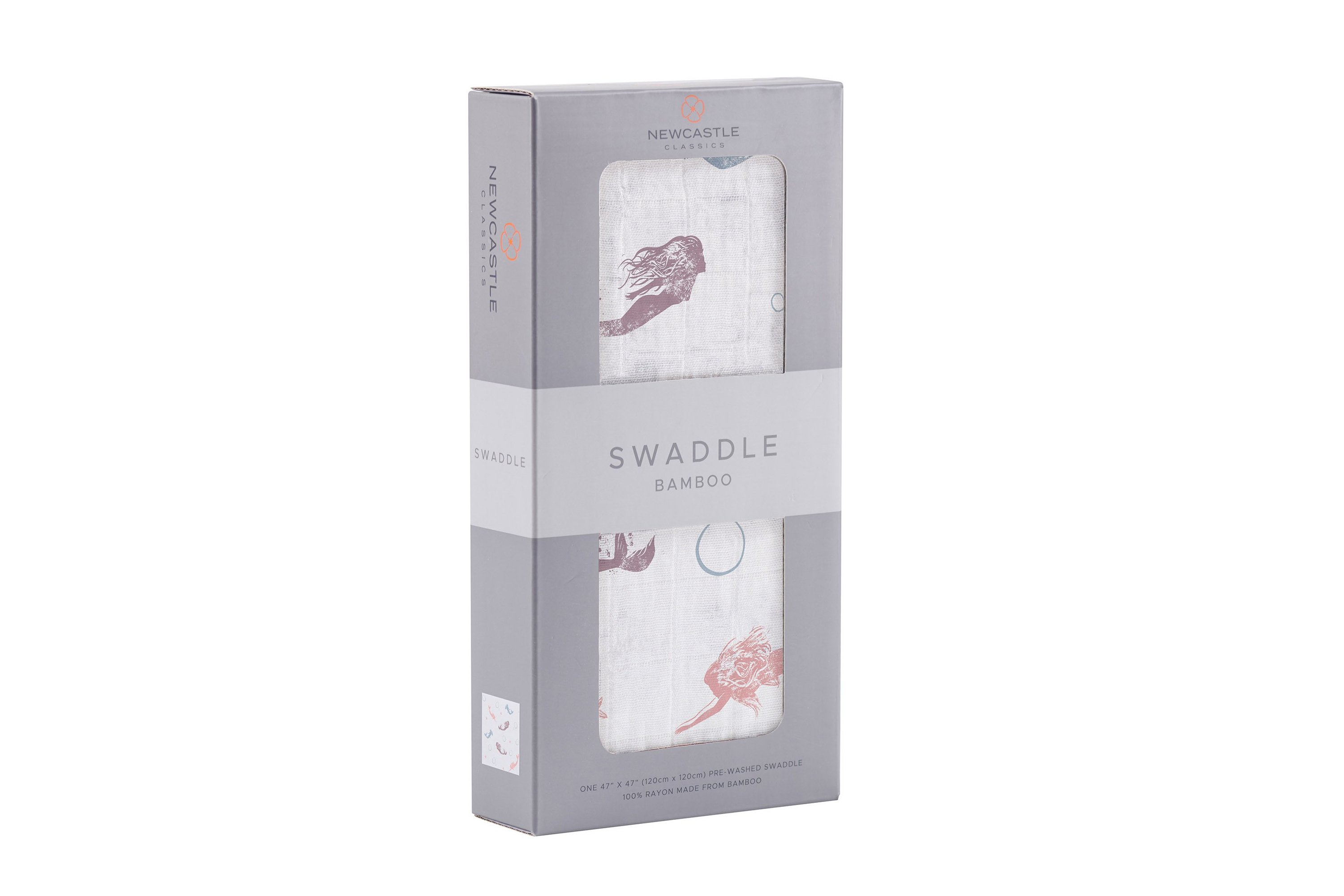 A soft and breathable Mermaids Swaddle made from natural bamboo muslin, featuring a whimsical mermaid design.