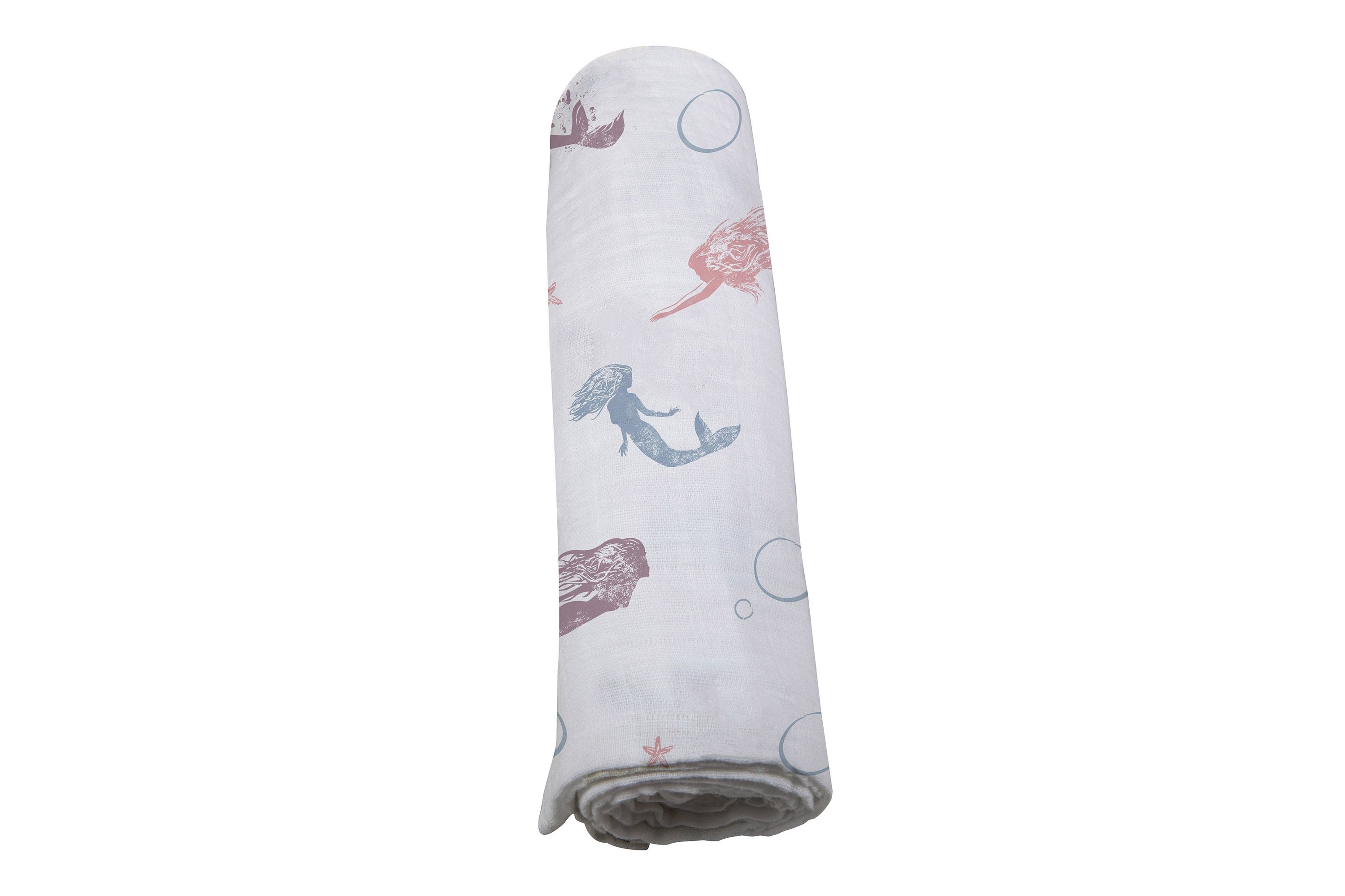 A soft and breathable Mermaids Swaddle made from natural bamboo muslin, featuring a whimsical mermaid design.