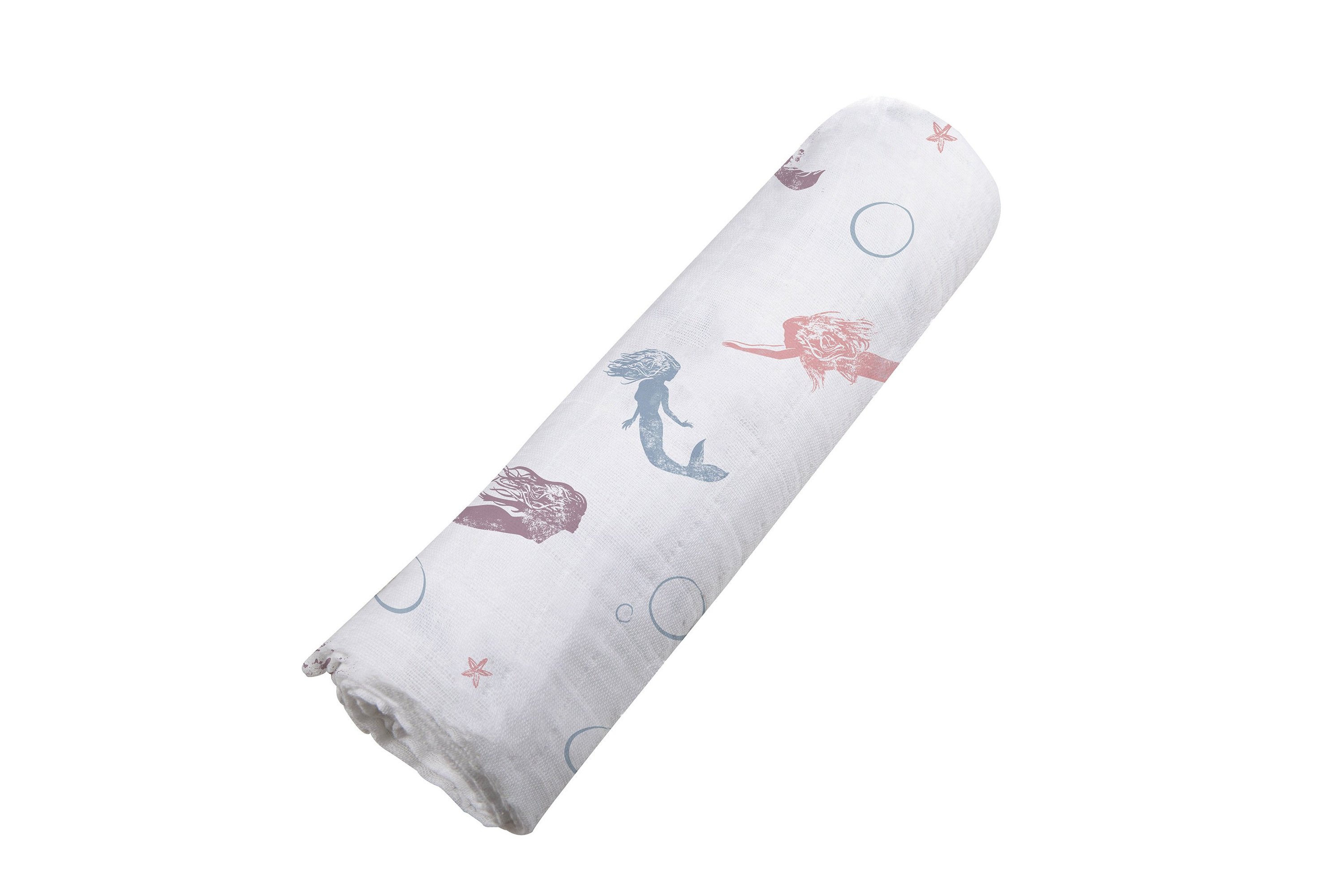 A soft and breathable Mermaids Swaddle made from natural bamboo muslin, featuring a whimsical mermaid design.