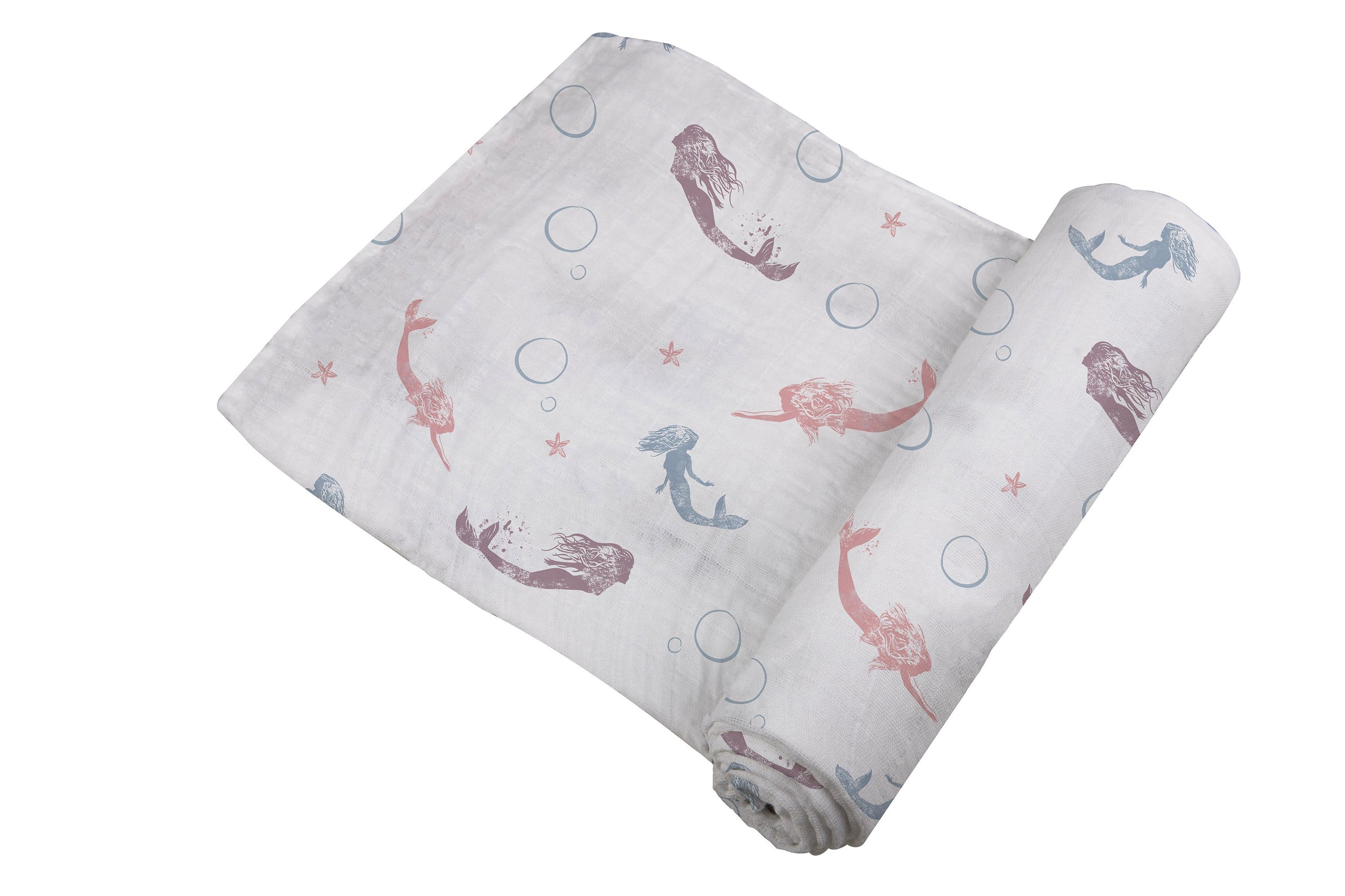 A soft and breathable Mermaids Swaddle made from natural bamboo muslin, featuring a whimsical mermaid design.