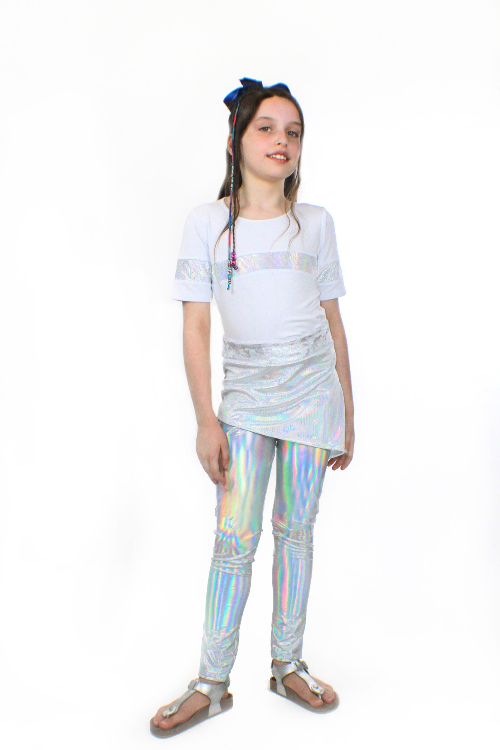 Mia dizzy unicorn stretch pants featuring holographic sequins and a velvet unicorn belt, designed for comfort and style.