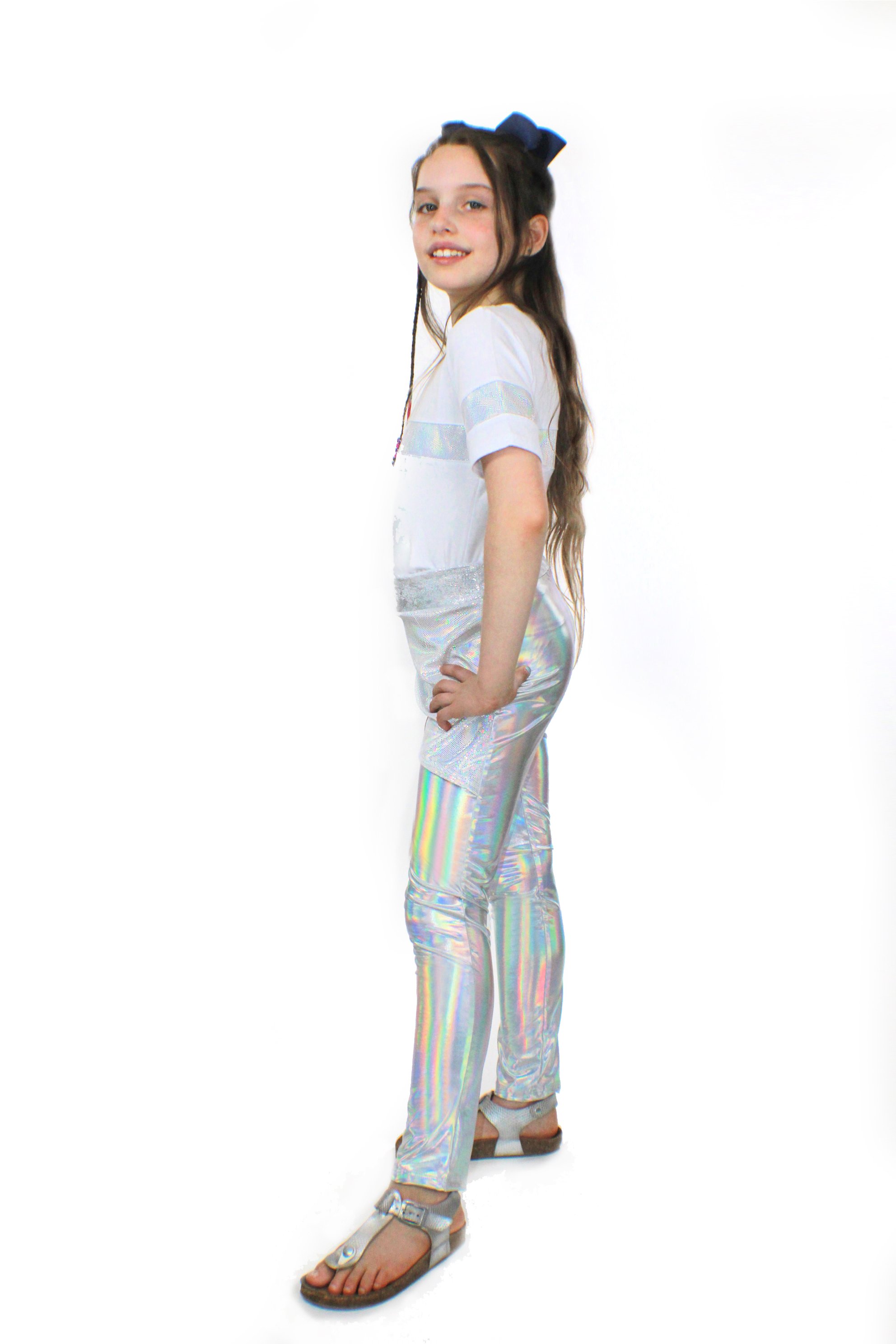 Mia dizzy unicorn stretch pants featuring holographic sequins and a velvet unicorn belt, designed for comfort and style.