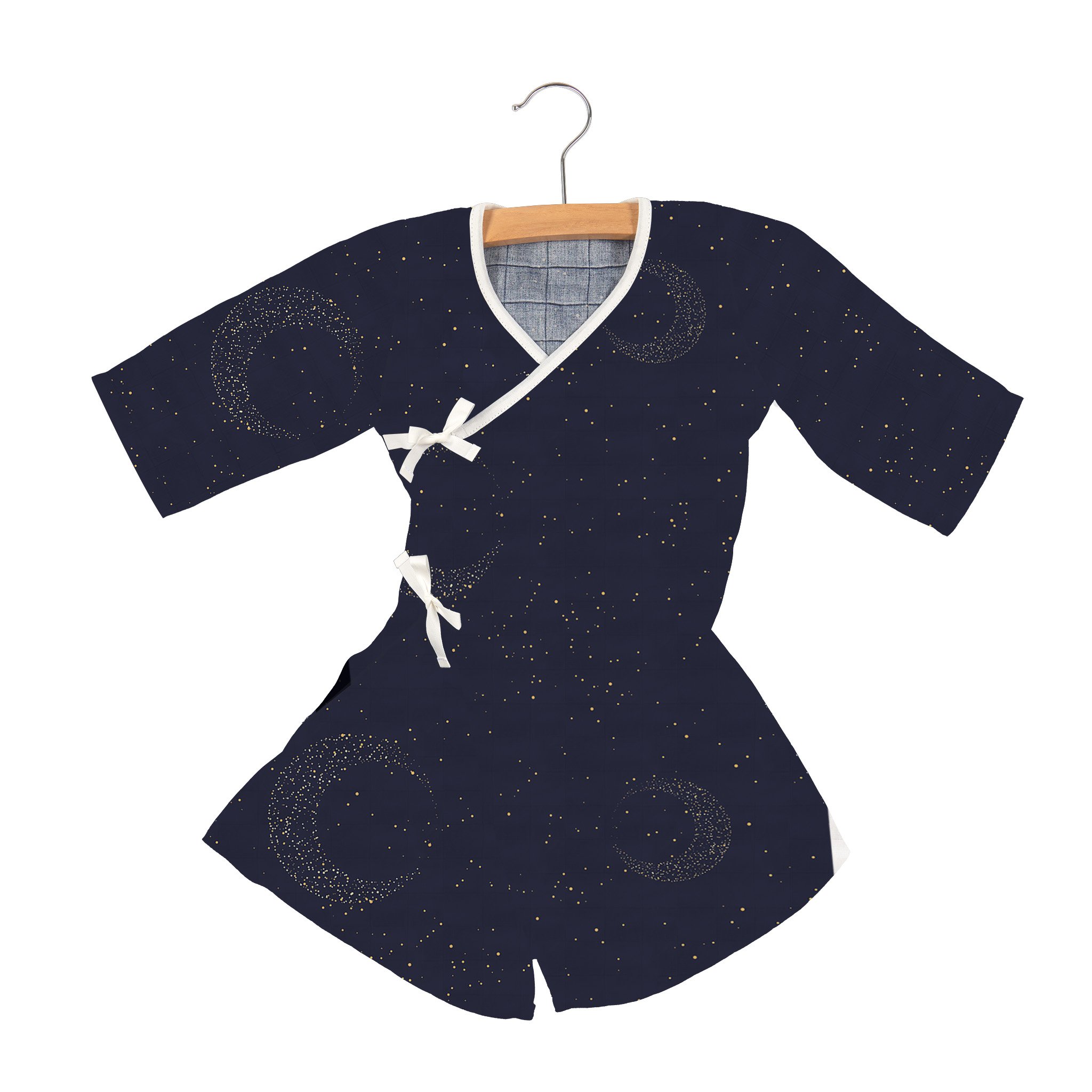 Midnight Moon Bamboo Newcastle Mini Robe in soft bamboo muslin, featuring adjustable wrap ties and a stylish design for children.