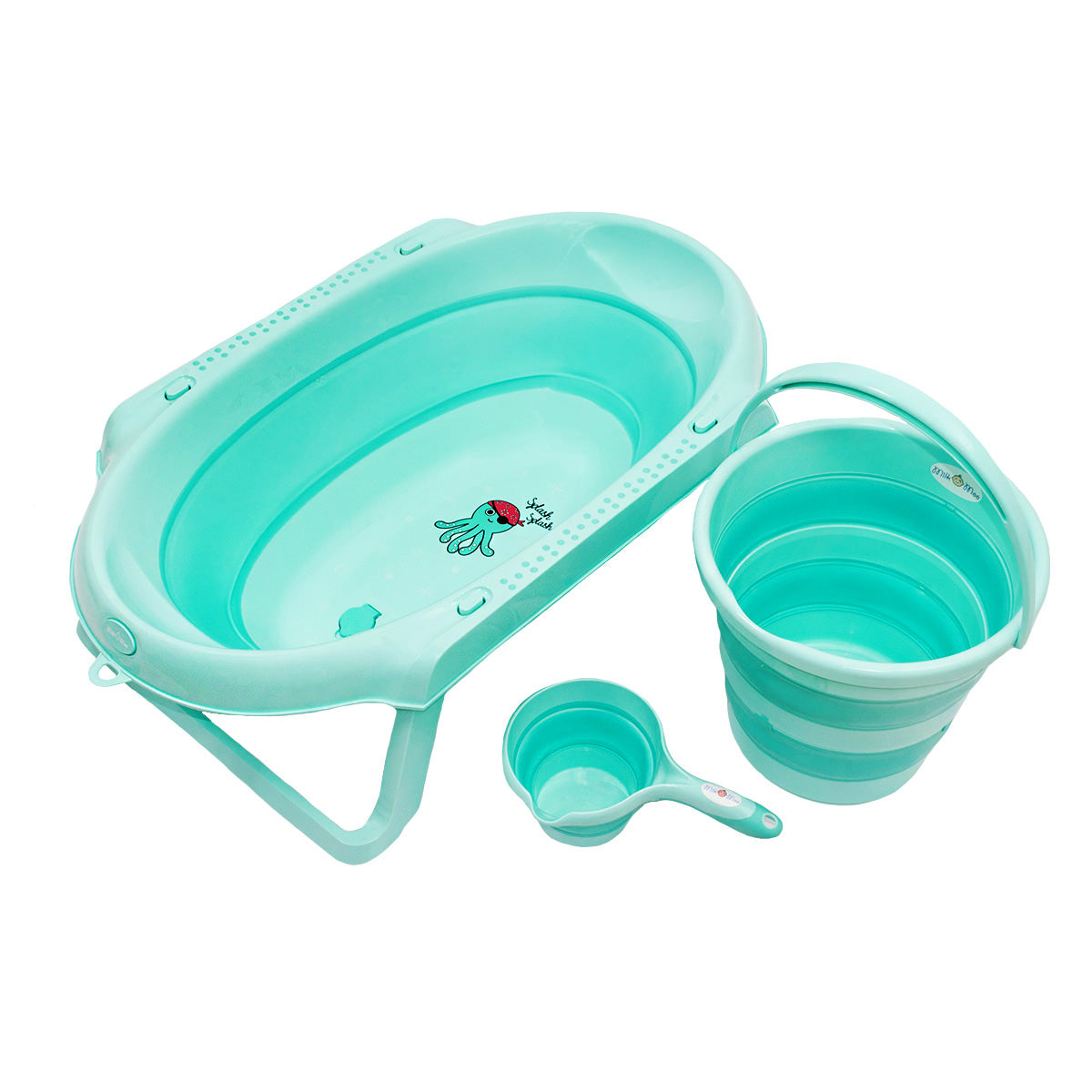 Milk&Moo Baby Badewanne Set in ergonomischem Design, faltbar mit Eimer und Becher, ideal für Babys von 0-2 Jahren.