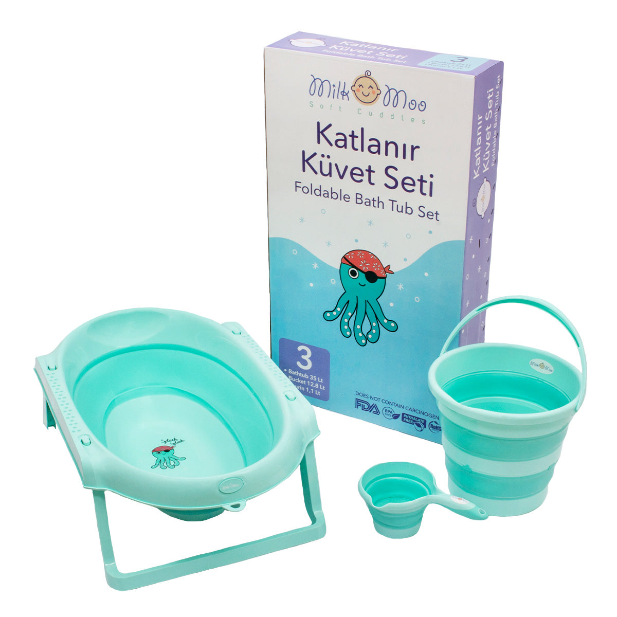 Milk&Moo Baby Badewanne Set in ergonomischem Design, faltbar mit Eimer und Becher, ideal für Babys von 0-2 Jahren.