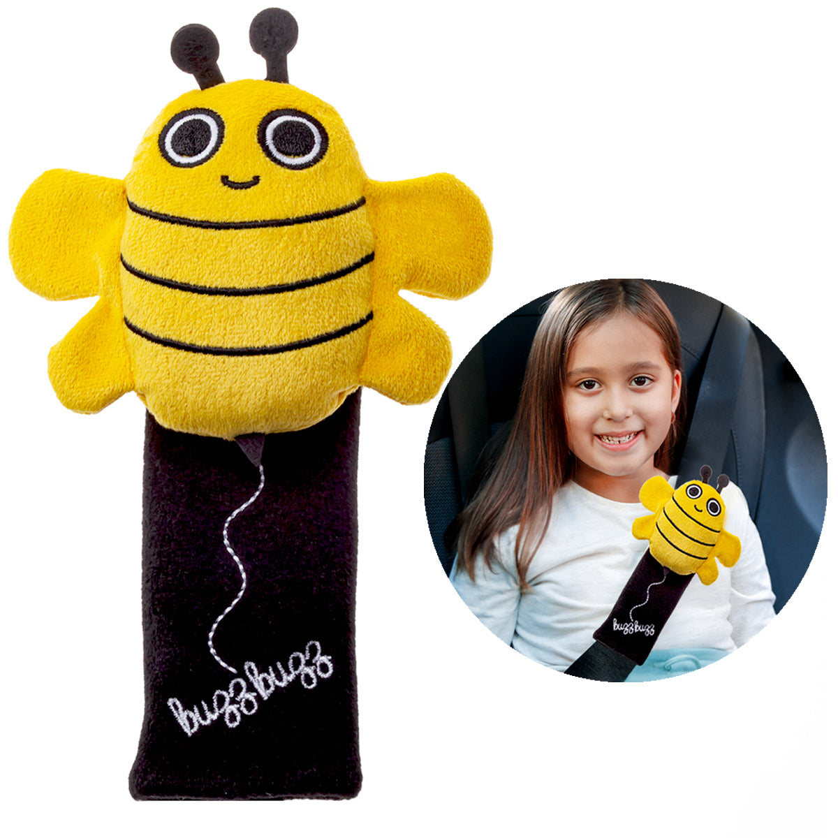 Milk&Moo Buzzy Bee Auto Gurtpolster für Kinder in gelb mit fröhlichem Buzzy Bee Design, aus weichem Velboa Stoff.