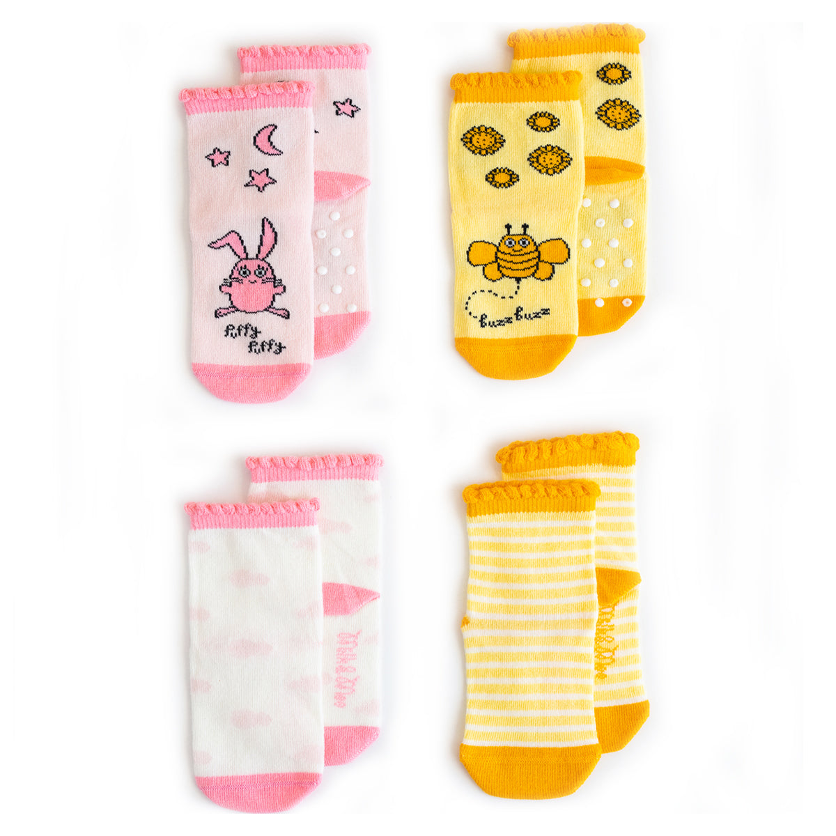 Milk&Moo Buzzy Bee und Chancin Mutter-Kind Socken Set mit bunten Designs für Babys und Mütter, hergestellt aus natürlicher Baumwolle.