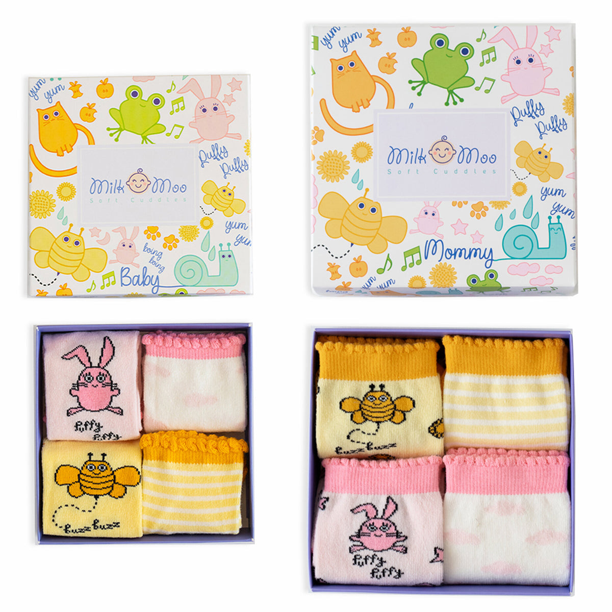 Milk&Moo Buzzy Bee und Chancin Mutter-Kind Socken Set mit bunten Designs für Babys und Mütter, hergestellt aus natürlicher Baumwolle.