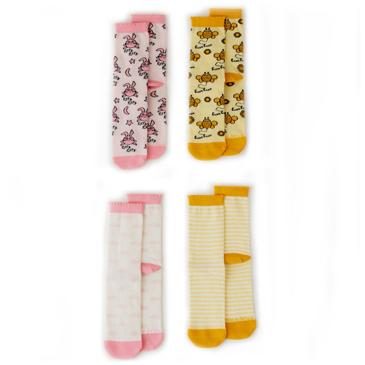 Milk&Moo Buzzy Bee und Chancin Mutter-Kind Socken Set mit bunten Designs für Babys und Mütter, hergestellt aus natürlicher Baumwolle.