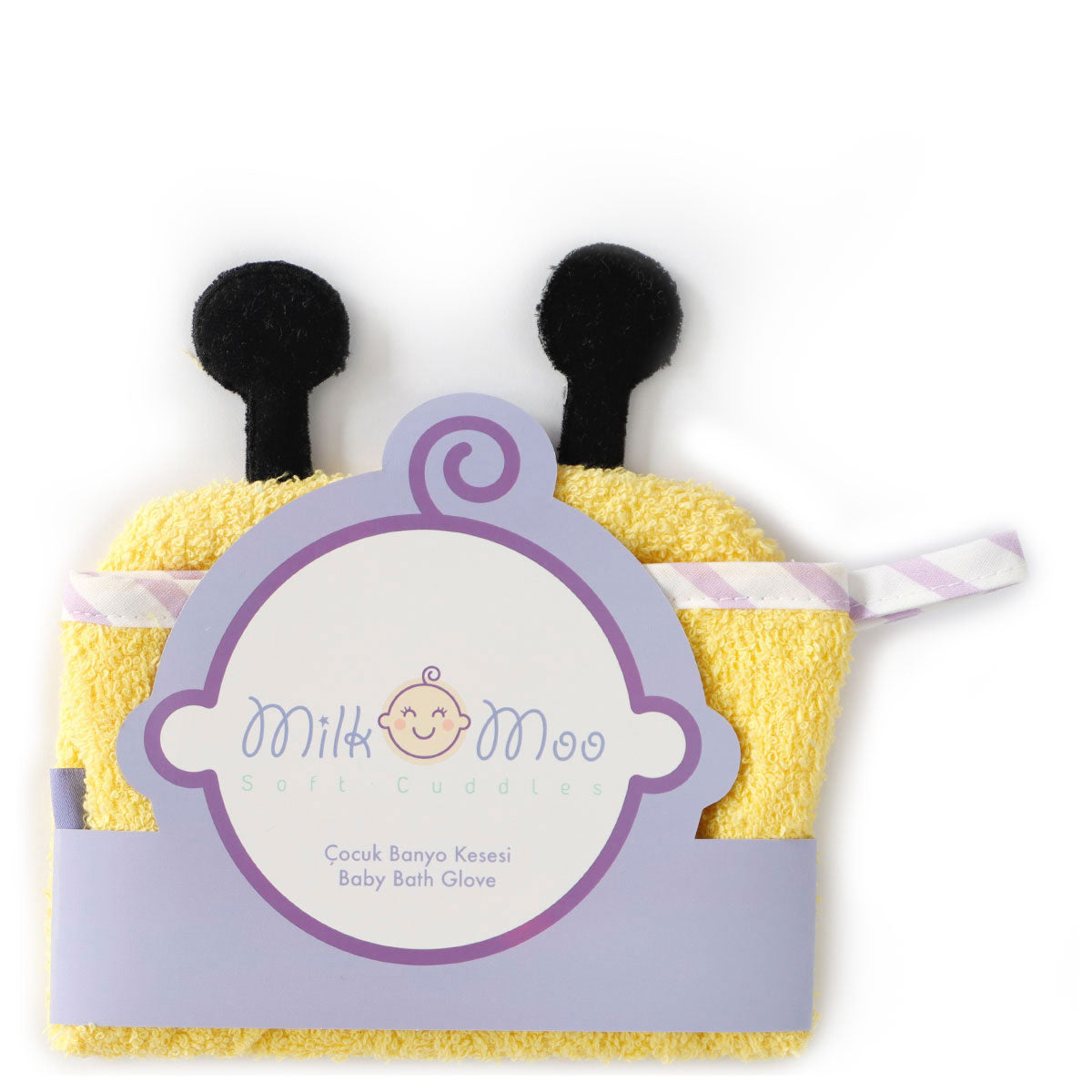 Milk&Moo Buzzy Bee Waschhandschuh mit buntem Bienenmuster, ideal für Babys und Kleinkinder.