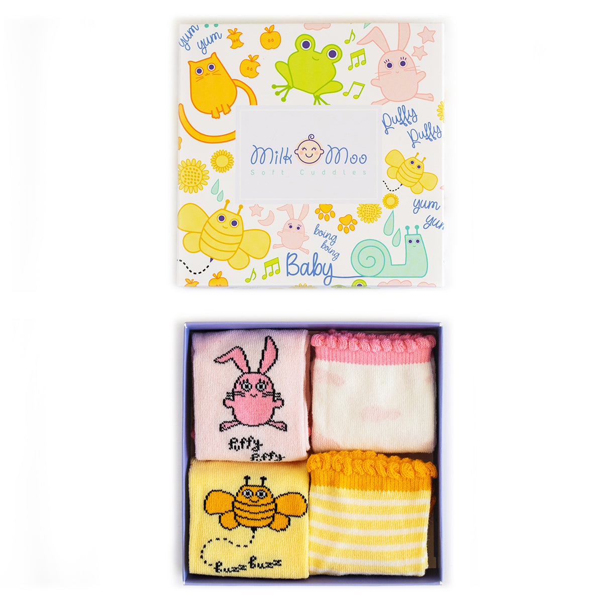 Milk&Moo Buzzy Bee und Chancin Baby Socken Set für 0-12 Monate, weich und rutschfest, in bunten Designs.