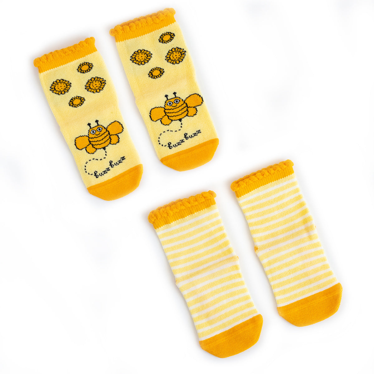 Milk&Moo Buzzy Bee und Chancin Baby Socken Set für 0-12 Monate, weich und rutschfest, in bunten Designs.