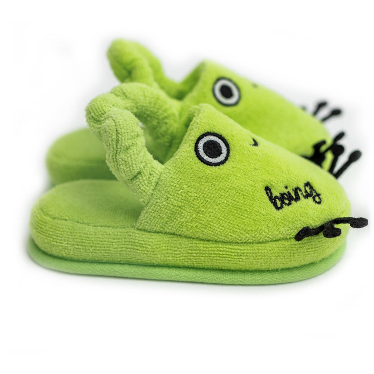 Milk&Moo Cacha Frog Kinder Hausschuhe aus türkischem Samt-Baumwollstoff, grün mit Froschdesign, ideal für Kleinkinder.