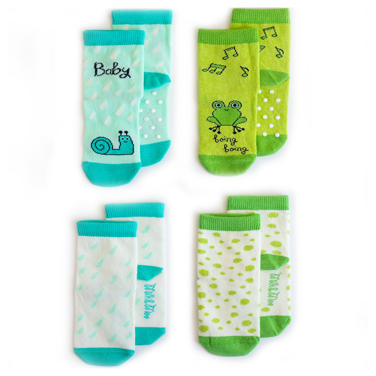 Milk&Moo Cacha Frog und Baby Sangaloz Socken Set für Babys, 4-teilig, mit rutschfesten Sohlen, ideal für aktive Kleinkinder.