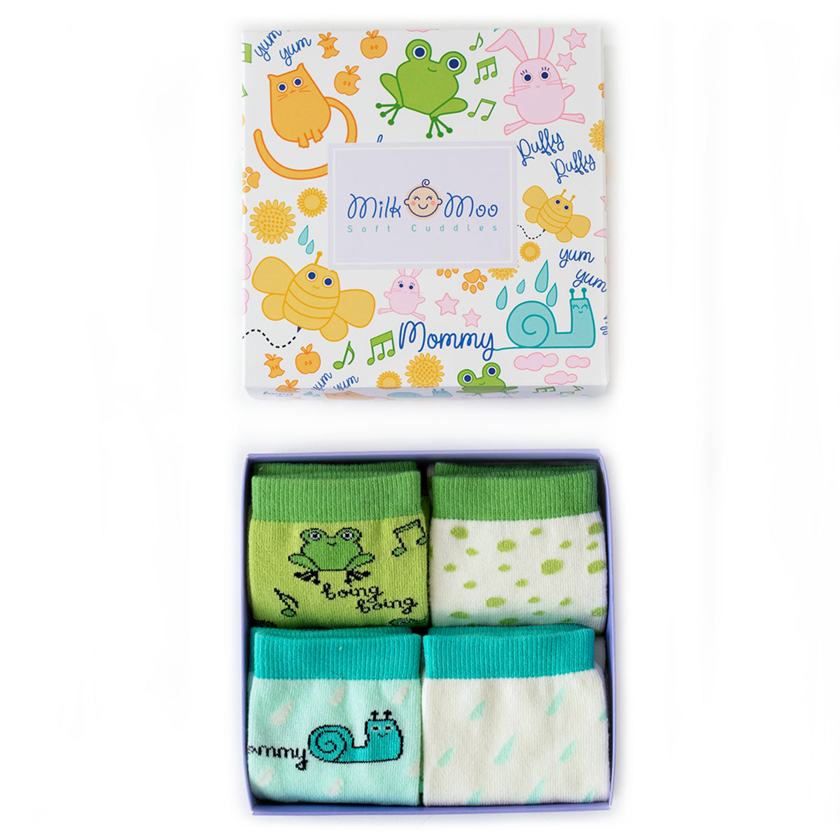 Milk&Moo Cacha Frog und Baby Sangaloz Socken Set für Babys, 4-teilig, mit rutschfesten Sohlen, ideal für aktive Kleinkinder.