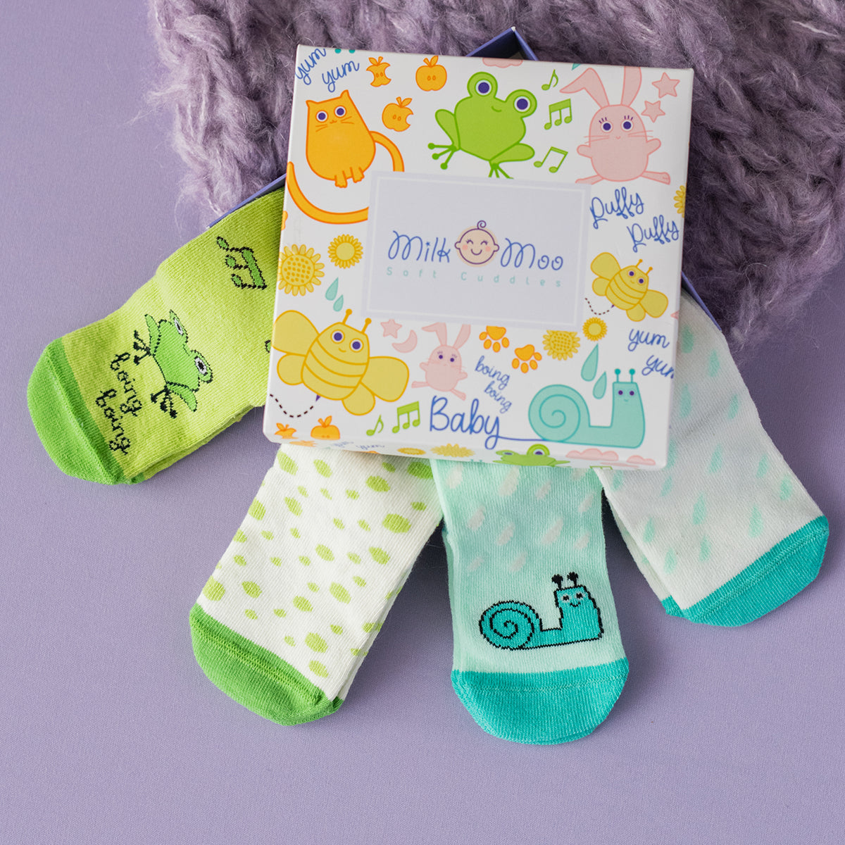 Milk&Moo Cacha Frog und Baby Sangaloz Socken Set für Babys, 4-teilig, mit rutschfesten Sohlen, ideal für aktive Kleinkinder.