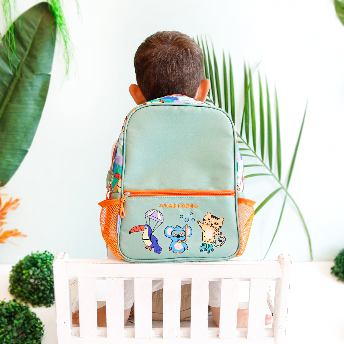 Milk&Moo Jungle Collection Kinder Rucksack in grün mit Dschungelfiguren, ideal für den Kindergarten.