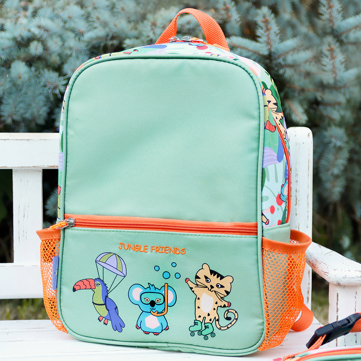 Milk&Moo Jungle Collection Kinder Rucksack in grün mit Dschungelfiguren, ideal für den Kindergarten.