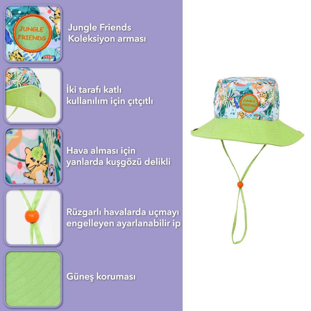 Milk&Moo Jungle Friends Kinder Fischerhut aus atmungsaktivem Polyester mit breiter Krempe und verspieltem Tiermuster, ideal für sonnige Tage.