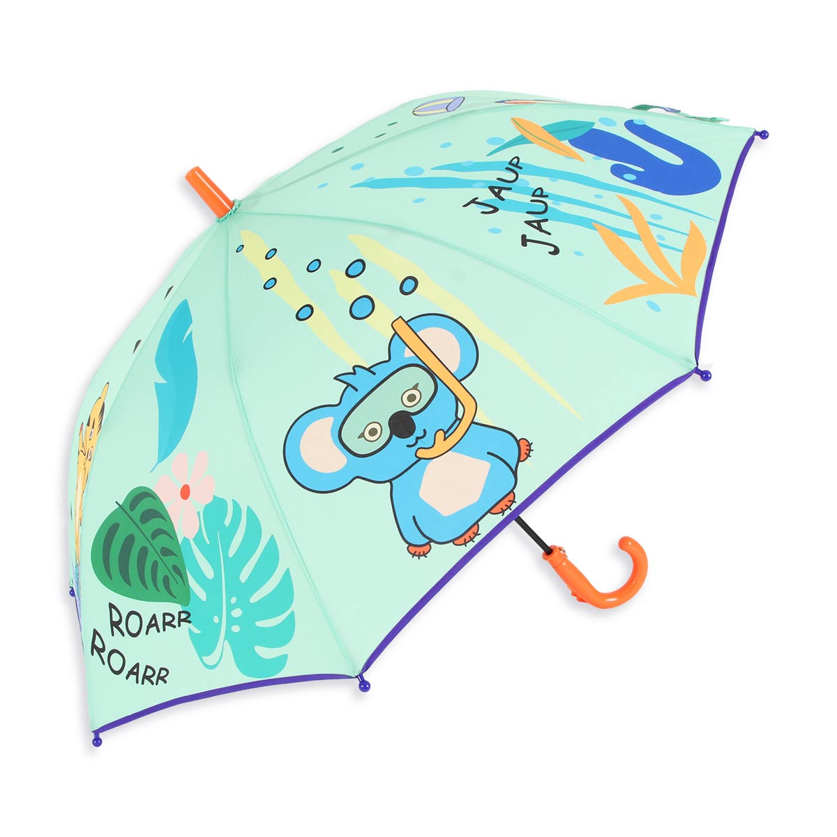 Bunter Milk&Moo Jungle Friends Regenschirm für Kinder mit Tier-Motiven, orangefarbenem Griff und Pfeife, ideal für Regenabenteuer.