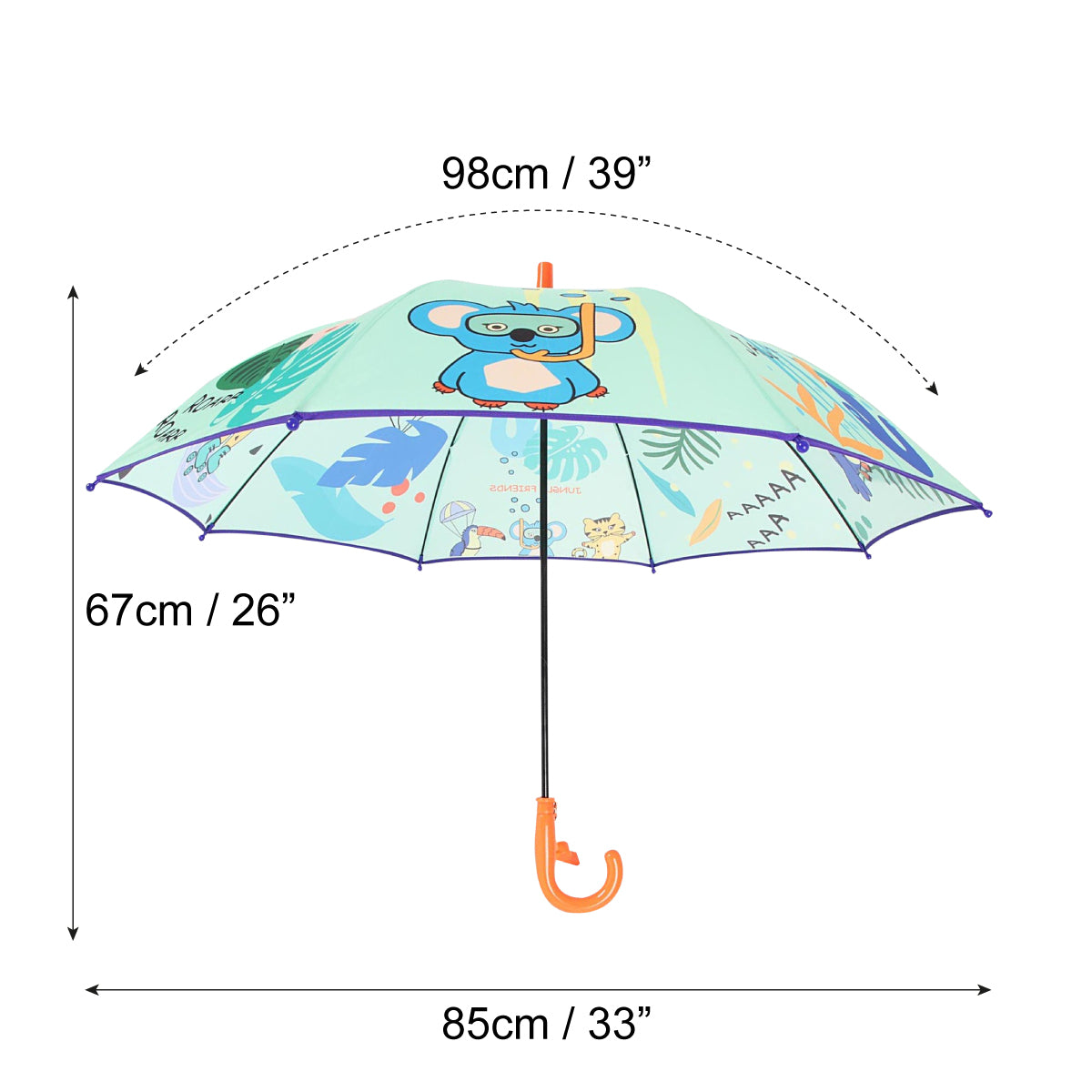 Bunter Milk&Moo Jungle Friends Regenschirm für Kinder mit Tier-Motiven, orangefarbenem Griff und Pfeife, ideal für Regenabenteuer.