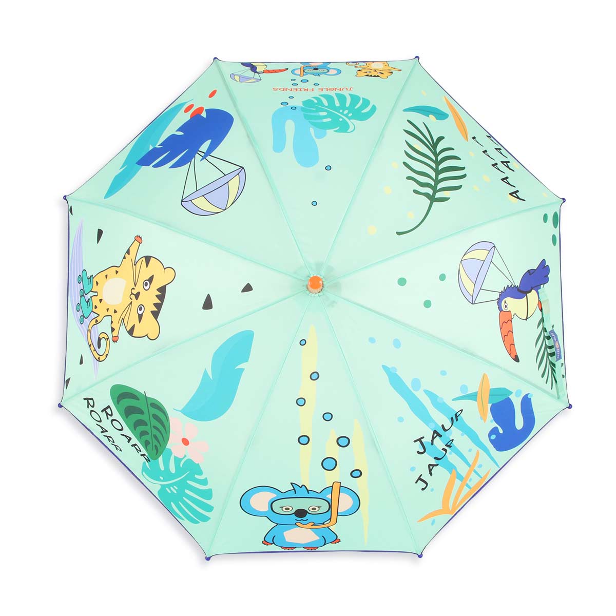 Bunter Milk&Moo Jungle Friends Regenschirm für Kinder mit Tier-Motiven, orangefarbenem Griff und Pfeife, ideal für Regenabenteuer.