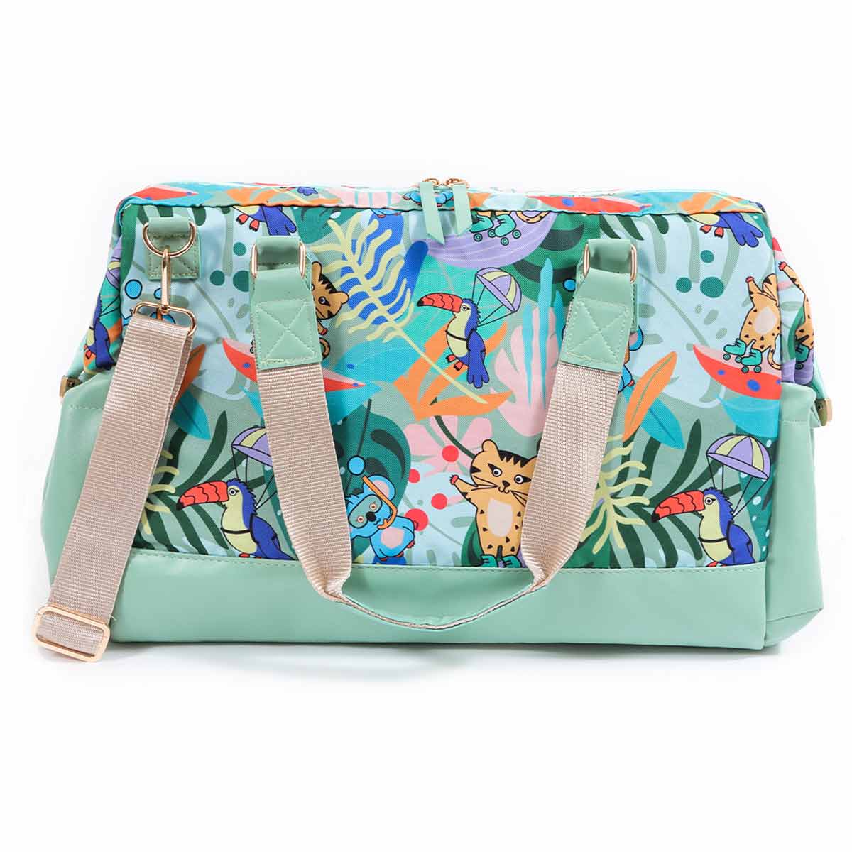 Milk&Moo Jungle Friends Wickeltasche in bunten Farben, aus hochwertigem Polyester und veganem Leder, mit praktischen Fächern und Trageoptionen.