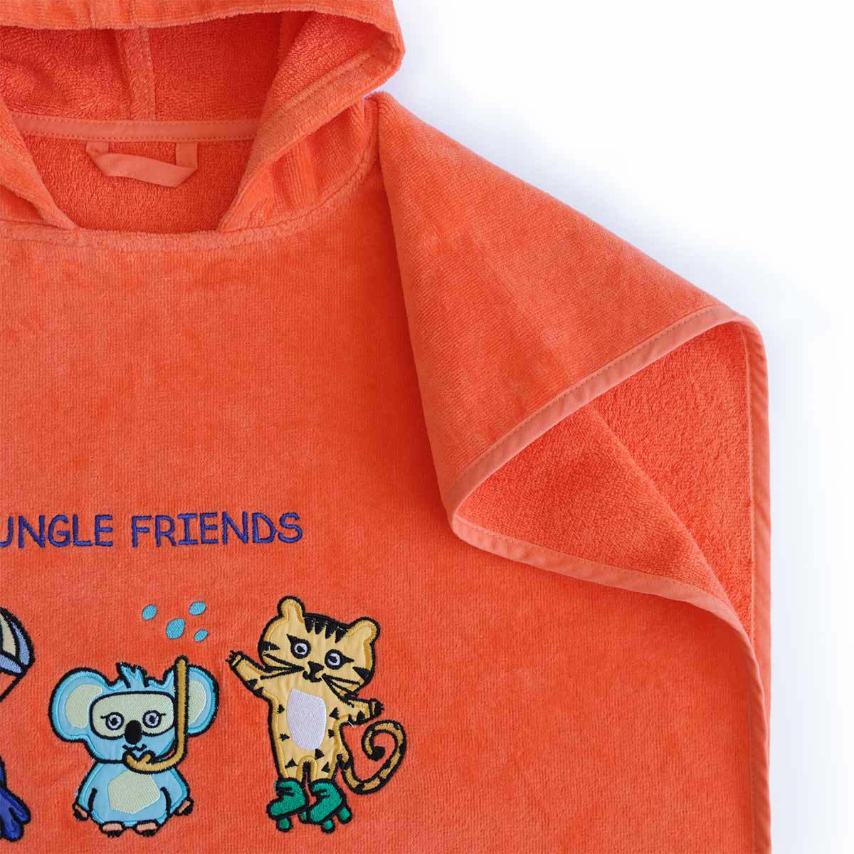 Milk&Moo Kinderponcho in Orange, 100% Baumwolle, mit Jungle Friends Design, ideal für Strand und Pool, Einheitsgröße für Kinder 4-6 Jahre.