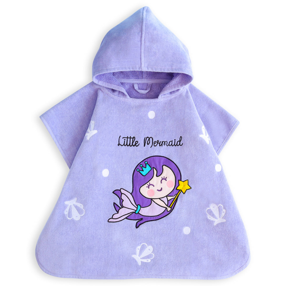 Milk&Moo Little Mermaid Badeponcho für Kinder in lila, aus weichem Baumwollsamt mit Kapuze und offenen Seiten, ideal nach dem Baden oder Schwimmen.