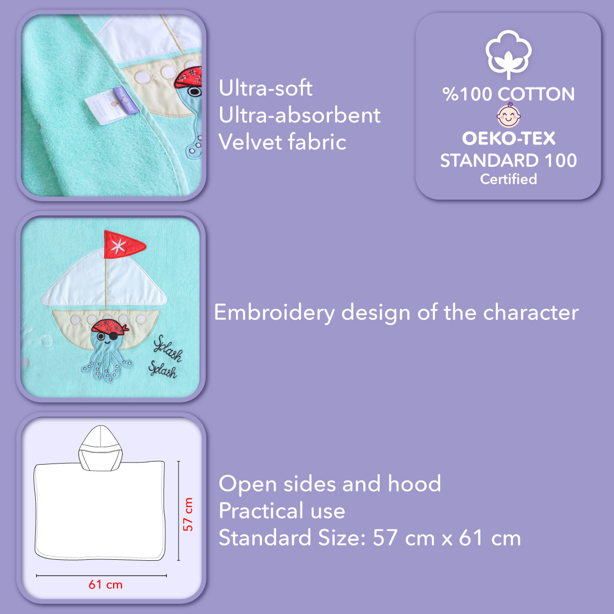 Milk&Moo Sailor Octopus Badeponcho in Türkis für Kinder, mit lustiger Octopus-Stickerei und Kapuze, ideal für Strand und Pool.